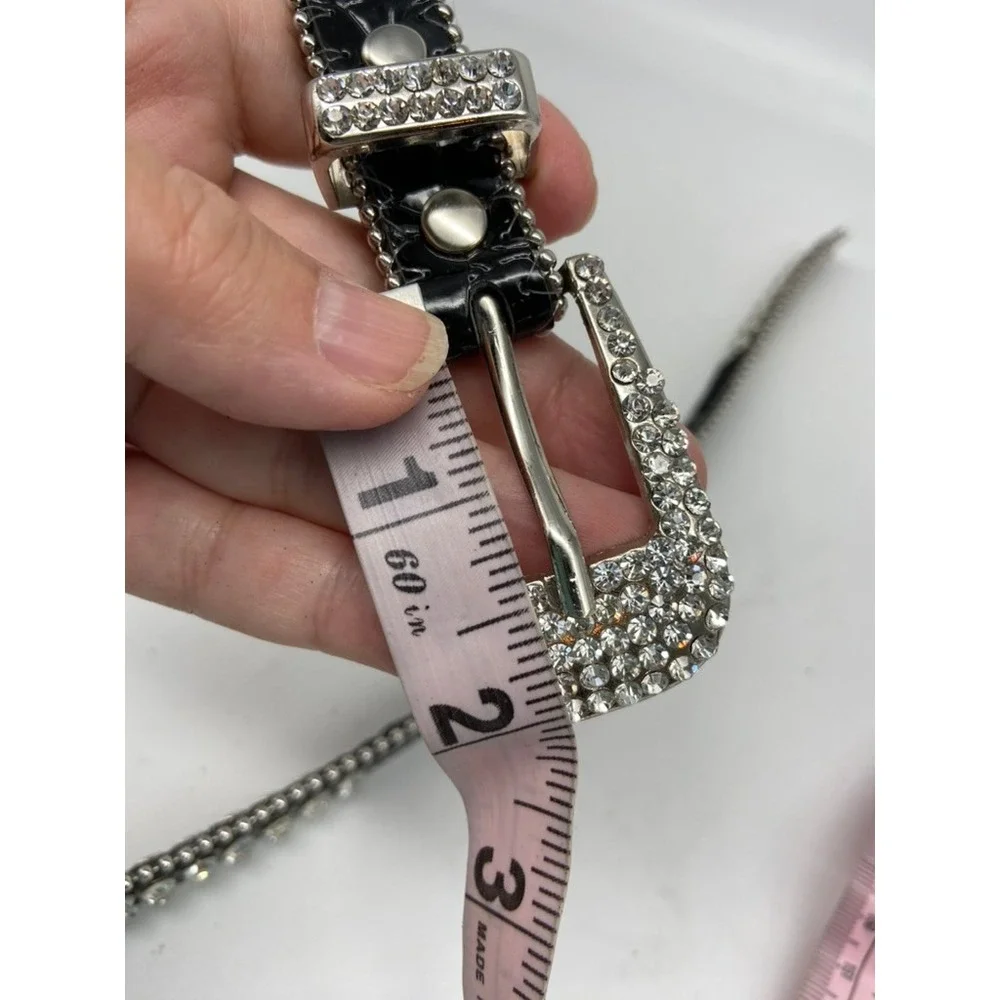 Boutique Rhinestone Belt Womens Sz SM Bling Crystal Studded Fashion Silver Black